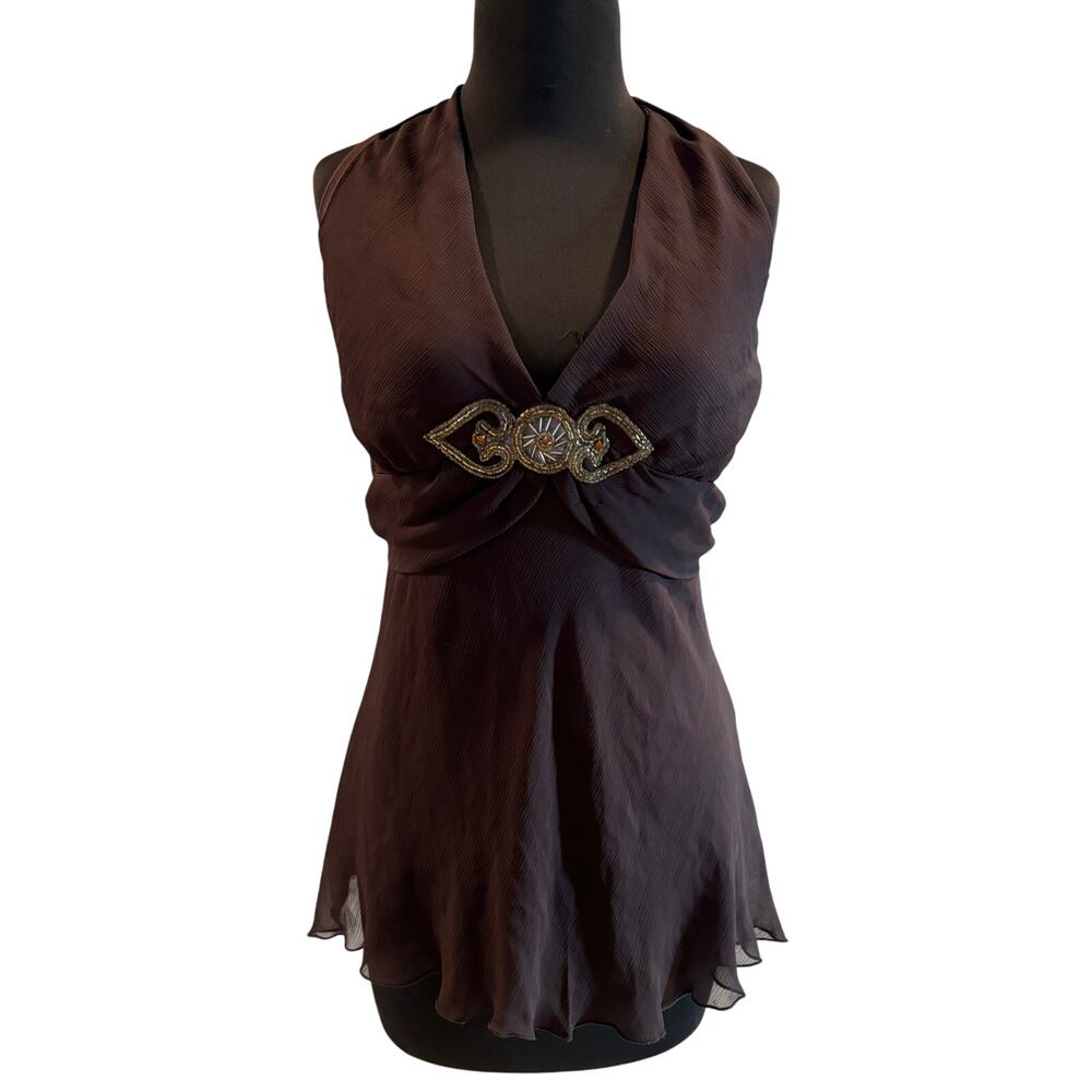 Cache Brown Ruched Plunging V Beaded Encrusted Halter Top M/L New Lined NWT $88